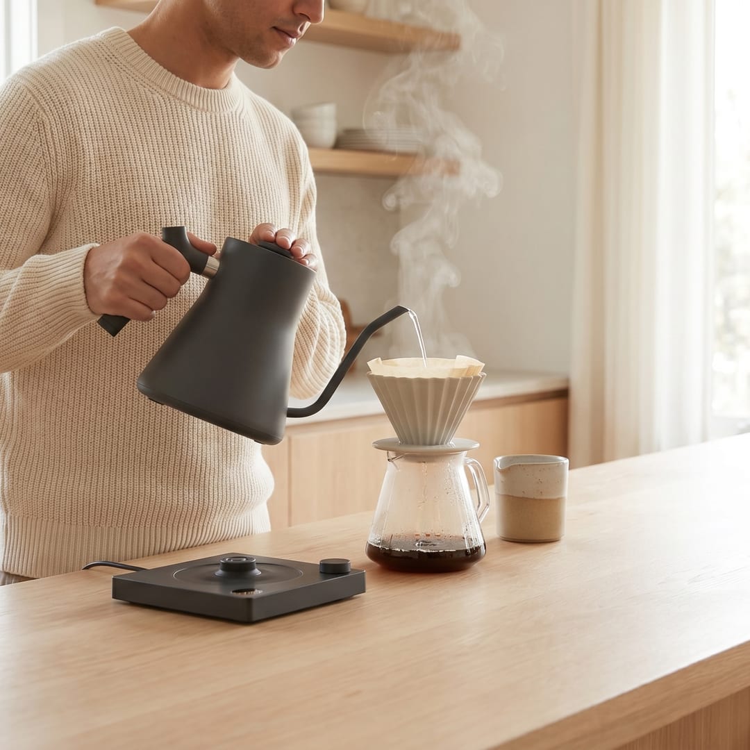 Morning pour-over brewing at a bright counter
