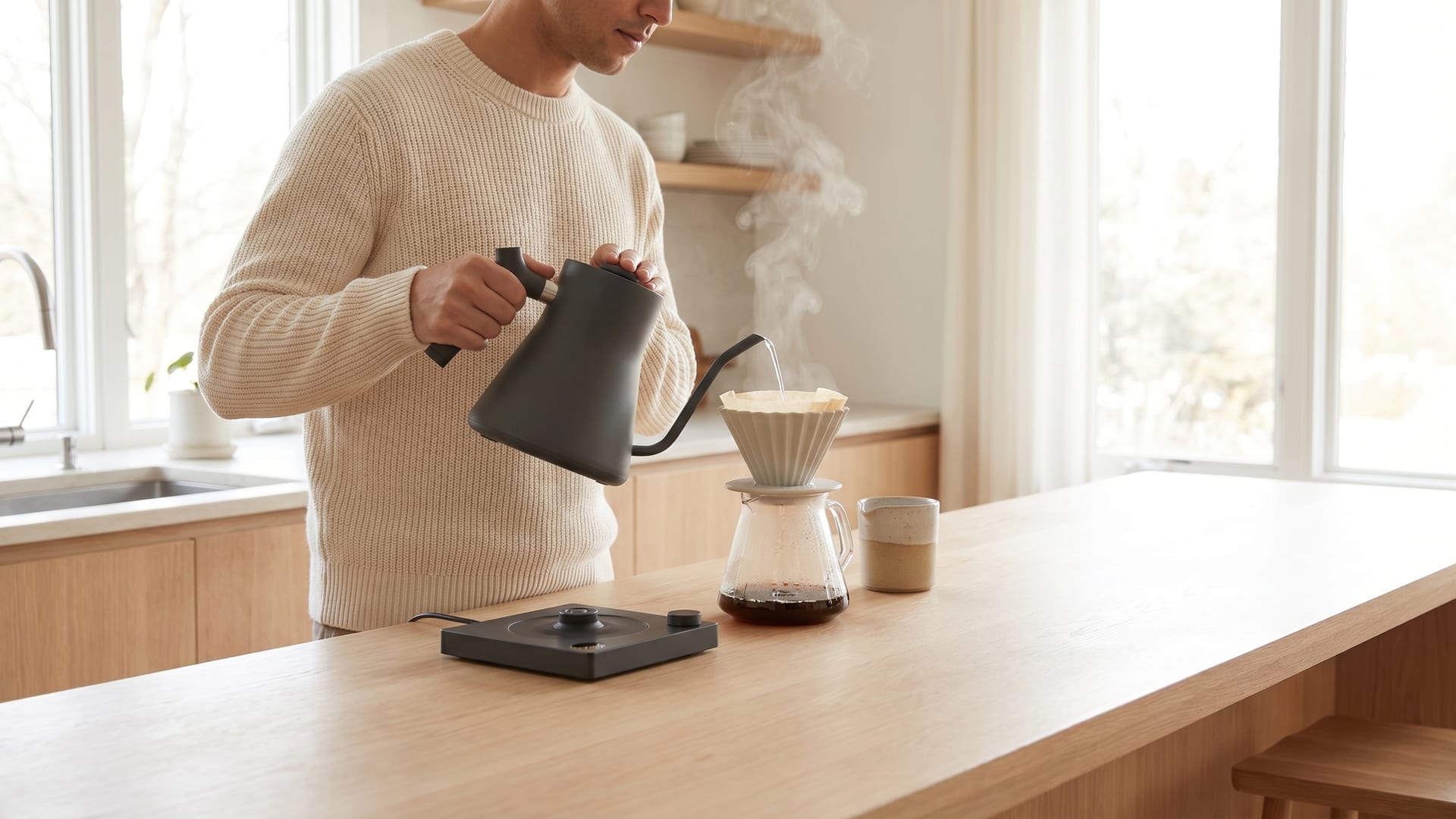 A bright morning kitchen: brewing pour-over with the Aura kettle, fine steam rising